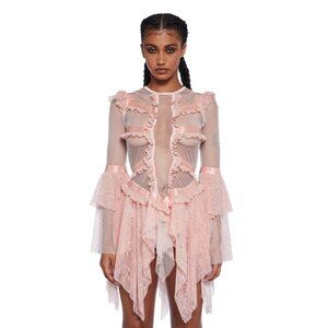 NWT Club Exx Pastel Pink Fishnet Ruffled Lace Bell Sleeve Fairycore Mini Dress